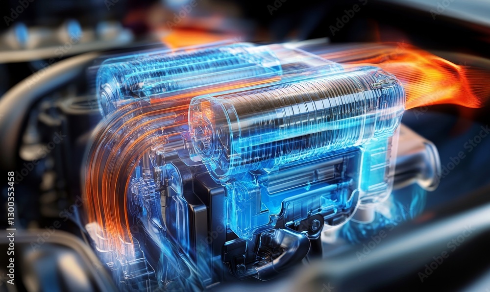 Poster detailed rendering of a car engine with glowing internal components.
