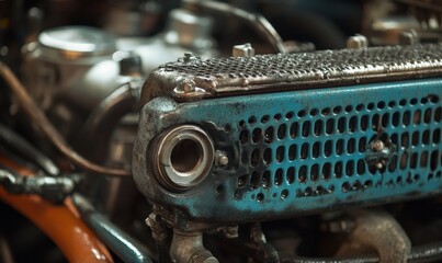 Vintage engine detail showcases worn metal and blue accents up