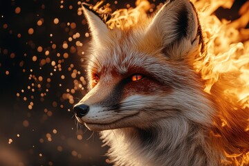 Naklejka premium Fox surrounded by flames with glowing eyes in a dramatic nighttime setting