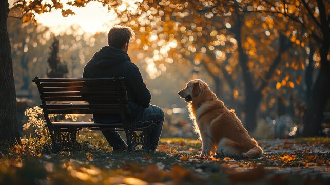 A man sits on a park bench while his dog rests beside him, both basking in the serene atmosphere of a sunny afternoon amid vibrant autumn leaves