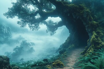Obraz premium Pixelated Misty Forest Path Through Lush Trees
