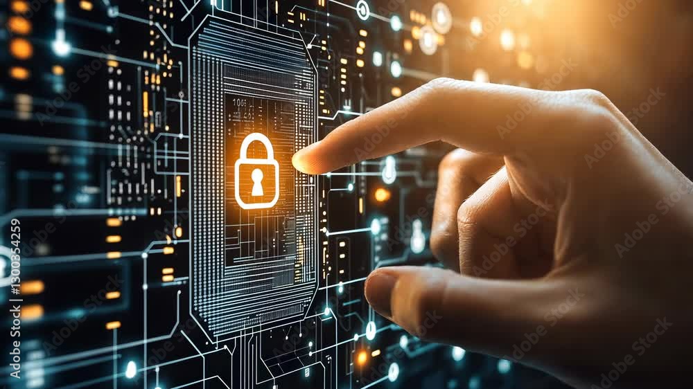 Poster cybersecurity service concept of motherboard and safety authentication network or ai regulation laws