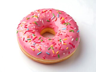 Pink donut with sprinkles on white background