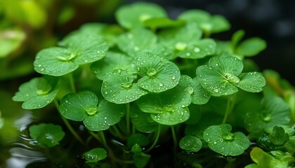 Aquatic plant growth with dew in pond's dark edge
