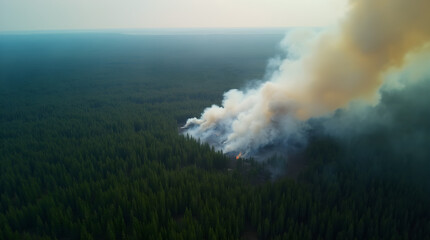 Obraz premium Aerial View of Forest Fire Wildfire Smoke Plumes Daytime Nature Disaster Landscape