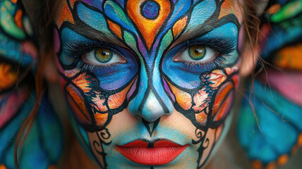 Vibrant face painting with butterfly design, showcasing creativity and artistry