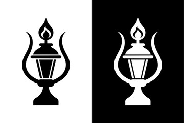 Black & White Oil Burner Lamp Icon Minimalist Silhouette Vector.
