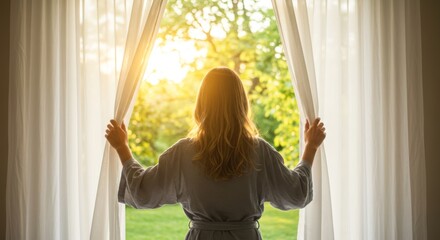 Woman Embracing Morning Sunlight Opening Curtains to Lush Garden View