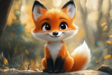 Cute orange fox sitting on a log in a serene forest during autumn, surrounded by colorful leaves