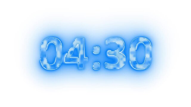 Animation of glowing neon 5 minute countdown timer .5 minute stopwatch , analog neon clock icon animation .