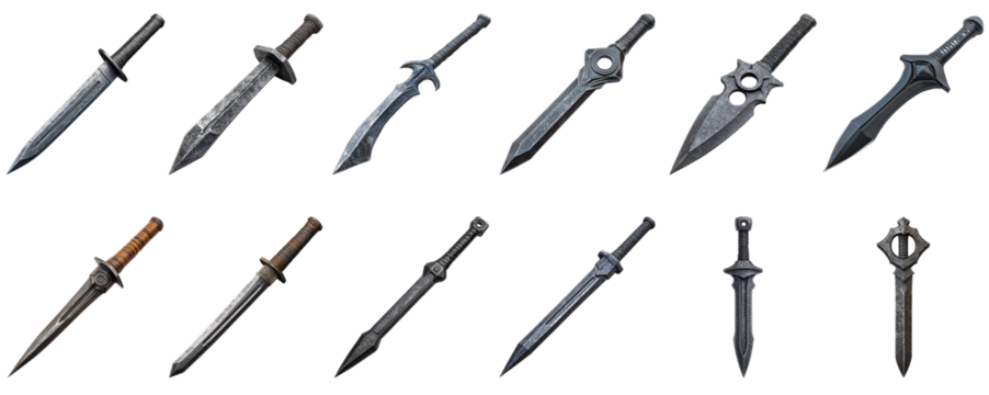 Collection of various fantasy daggers, rugged design for board games isolated on white transparent background PNG set