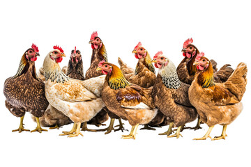 Flock of brown chickens Isolated on white background