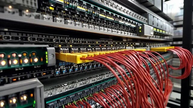 Close up of yellow fiber optic cables connected to blue sfp modules in a network panel, highlighting data center network transmission and connectivity video 4k