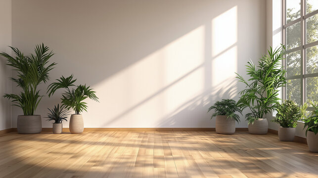 Minimalist Room with Wooden Flooring, Sunlight, and Green Potted Plants in Cozy Setting