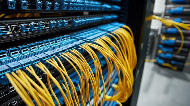 Close up of yellow fiber optic cables connected to blue sfp modules in a network panel, highlighting data center network transmission and connectivity video 4k