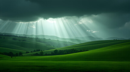 Scenic Green Rolling Hills Landscape with Sun Rays Breaking Through Stormy Dark Clouds