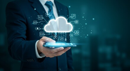 Executive utilizing cloud computing solutions displayed on smartphone screen