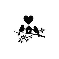 two birds on a branch with love icon.Valentines Day icon set vector illustration.
