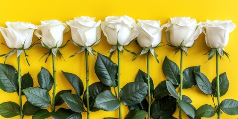 Top view photo of white roses on a yellow background with space for text or image overlaid.