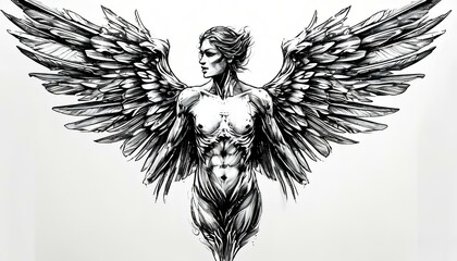 Black and white sketch for angel with wings tattoos 