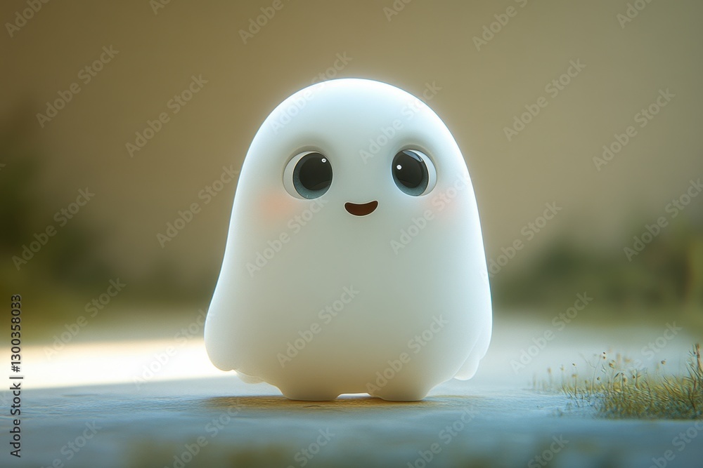 Poster Happy ghost character standing in a bright, grassy area with a soft background in a playful and cheerful atmosphere