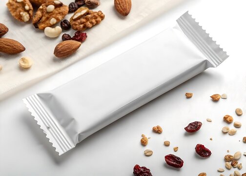 Mockup of a blank granola bar package with nuts and dried fruits.