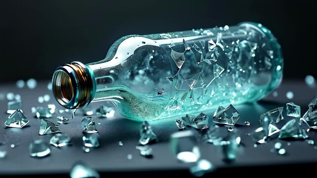 Shattered glass bottle with debris on dark background, copy space