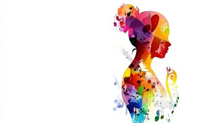 Woman silhouette with colorful abstract musical notes. Art for creative design use