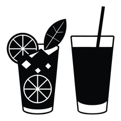 Minimalist cocktail icon, black and white illustration, citrus slices, leaf garnish, ice cubes, tall glass, refreshing drink, summer beverage, 