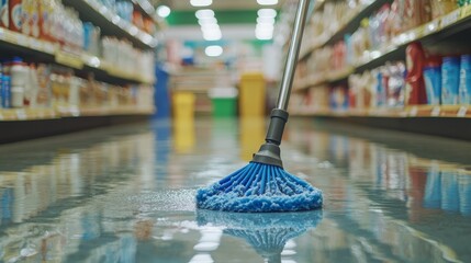 A blue mop cleans the wet floor of a store