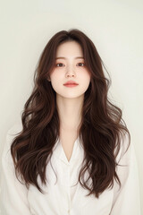 Young Woman with Long Wavy Brown Hair Wearing a White T-Shirt