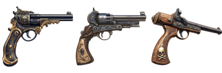 Collection of various pirate pistols, vintage design for board games isolated on white transparent background PNG set