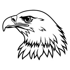 Detailed Black and White Line Art Illustration of an Eagle Head in Profile, Featuring a Sharp Beak and Intricate Feather Details.