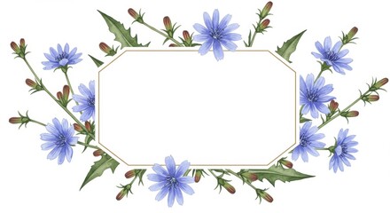 Obraz premium Decorative floral frame featuring blue chicory flowers and green leaves, ideal for invitations or announcements