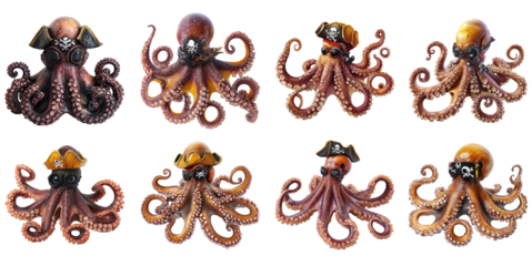 Collection of various playful cute octopuses in pirate costumes, fun design isolated on white transparent background PNG set