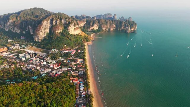 Drone sunset view of Krabi  beach Railay on the Andaman sea in Ao nang beach aerial Thailand 