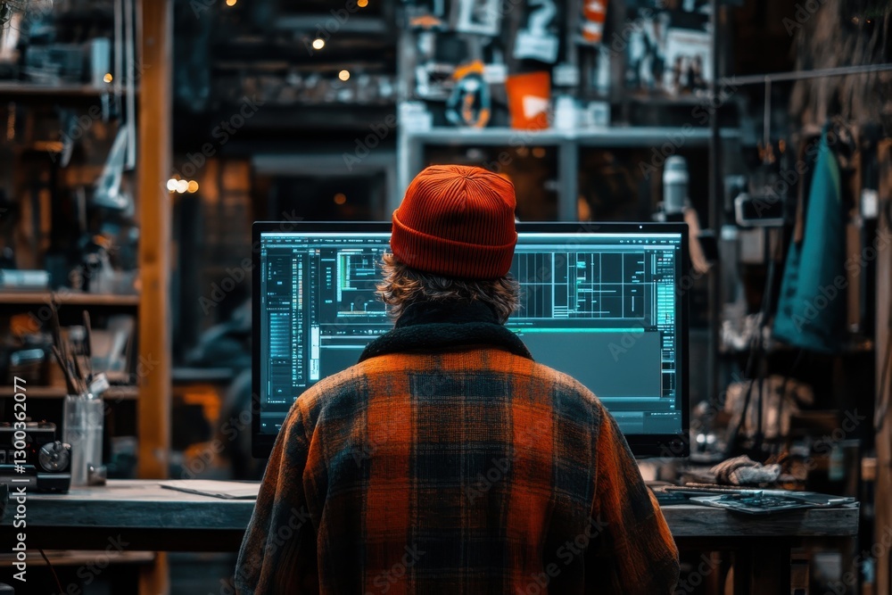 Fototapete creative designer working on graphics project in cozy workshop surrounded by tools and equipment, fo