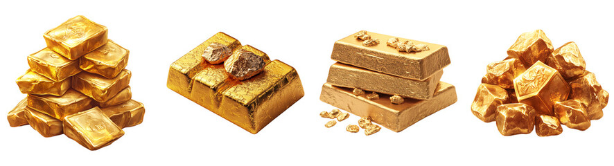 Collection of various shiny gold bars, valuable treasure design for board games isolated on white transparent background PNG set