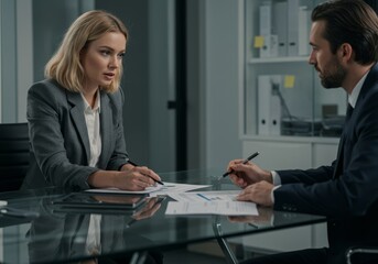 Blonde woman in a blazer discusses a budget with a colleague at an office table.