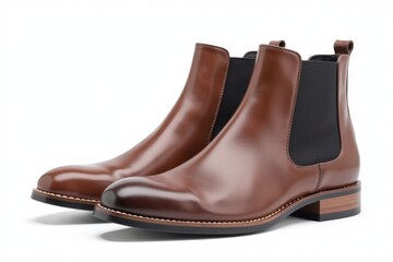 Stylish leather Chelsea boots with block heels, isolated on a clean white background, showcasing their modern design and versatility for both casual and formal wear.