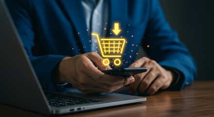 Fototapeta na wymiar Online shopping concept showcasing digital purchase on mobile with laptop