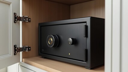 Fototapeta premium A sturdy black safe is securely placed inside a cupboard, designed for storing valuables, important documents, and money