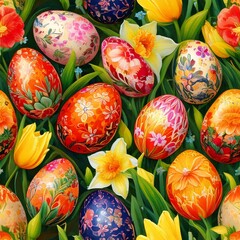 beautifully decorated Easter eggs seamless pattern, blooming spring flowers, good for POD, wallapaer, giftwarp and cards