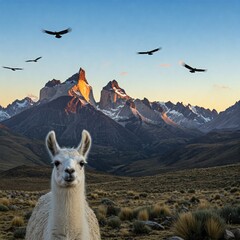 A gentle llama standing in the Andes mountains, while condors soar in the blue sky
