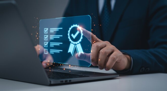 Digital assurance interface being touched by hand, laptop in focus, soft lighting