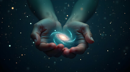 Hands Holding Spiral Galaxy Dreamy Cosmic Universe Celestial Nebula Stars Artistic Space