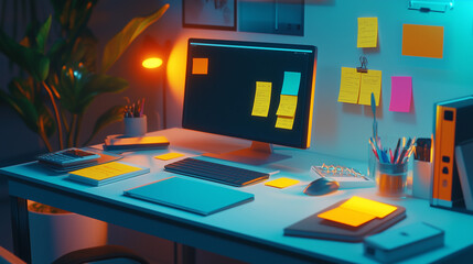 A stylish and well-organized home office workspace with sticky notes and decor