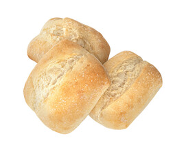Three crusty bread rolls isolated on white background