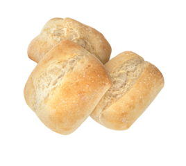 Three crusty bread rolls isolated on white background