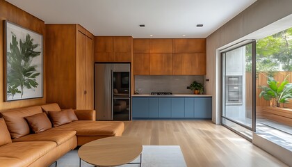 Modern kitchen with sofa, open to patio